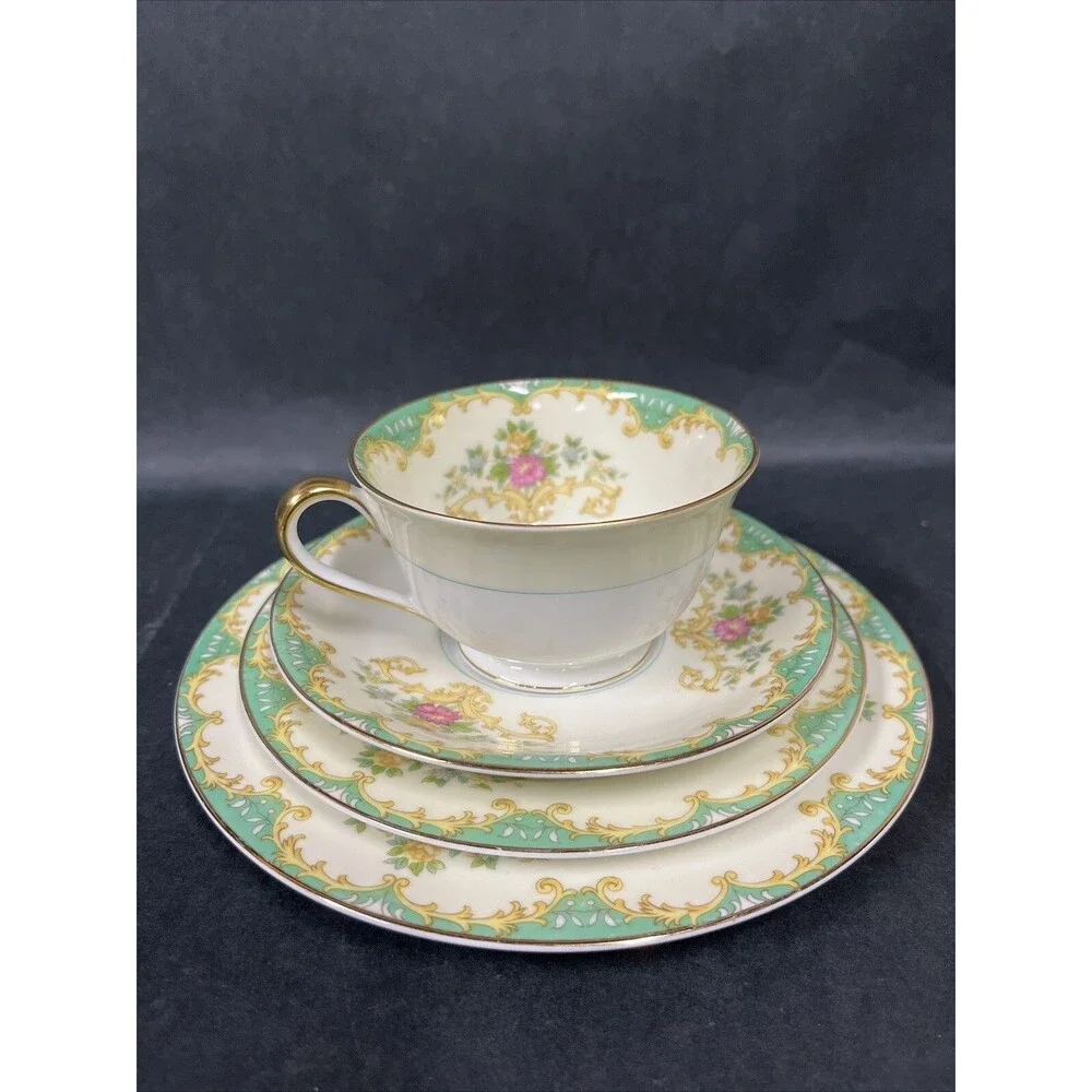 1930s Noritake Tiffany M Teacup Saucer Plate 4 Pc Set Gold Trim Ivory Aqua Beige